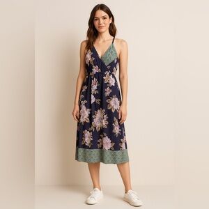Elegant Floral Midi Dress - Purple and Green